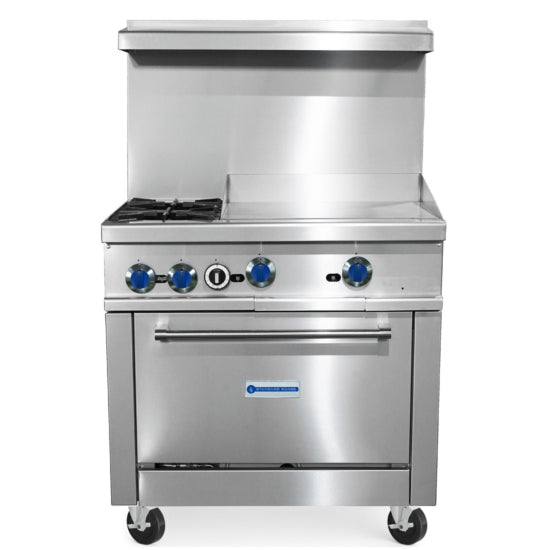Standard Range SR-R36-24MG-LP 36" Liquid Propane Commercial Range with 2 Burners, 24" Griddle Top, 1 Oven - 153,000 BTU