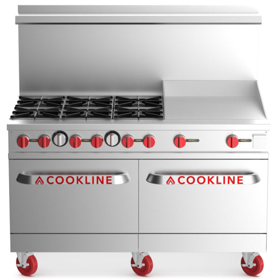 Cookline CR60-24G-NG Natural Gas 60" Commercial Range, 6 Burner, 2 Oven, 24" Flat Griddle - 282,000 BTU