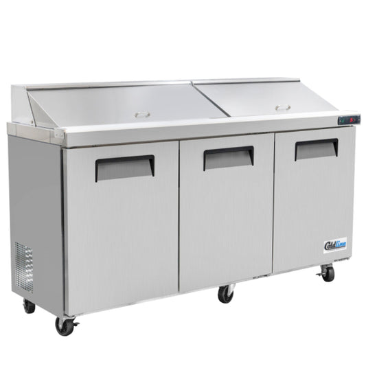 Coldline SPN-72 72" Narrow Depth Refrigerated Sandwich Prep Table with Cutting Board and Food Pans